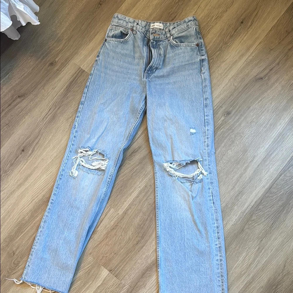 Zara Blue Straight Leg Jeans with Distressed Details - Picture 1 of 8